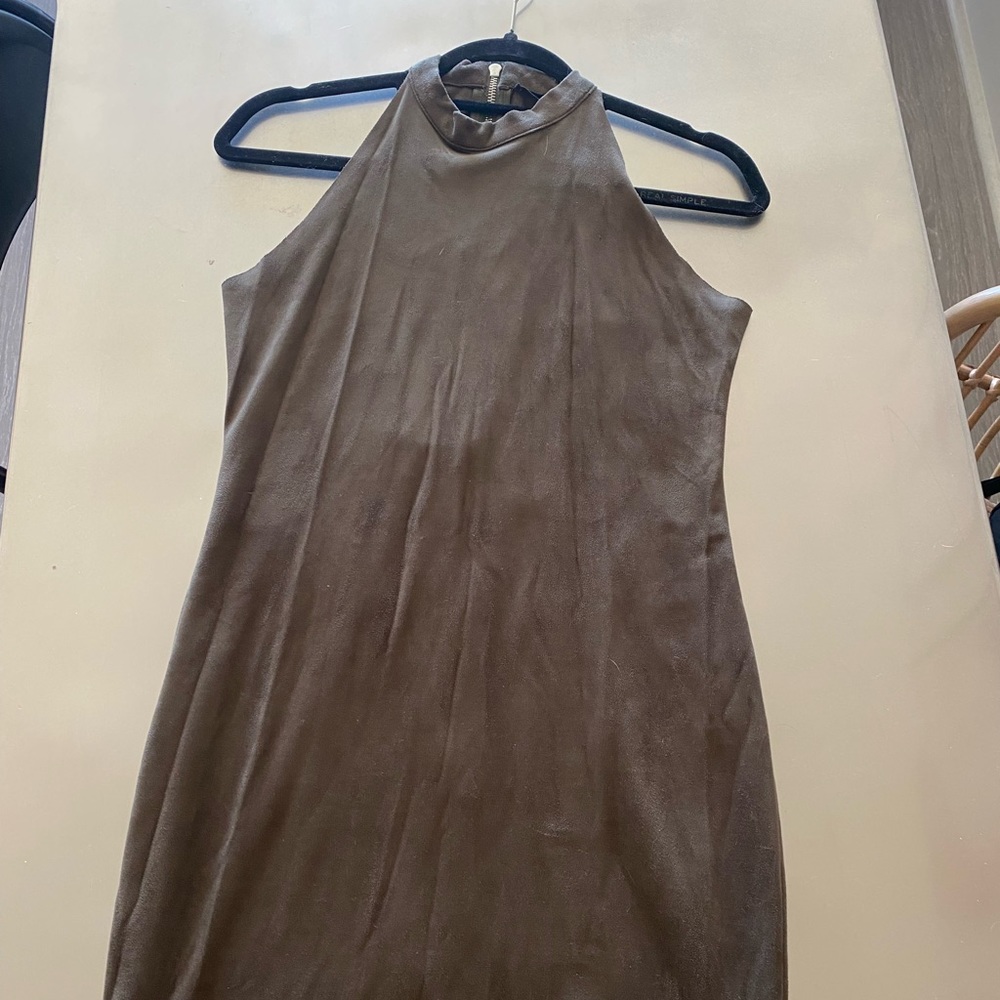 Olivaceous Olive Green Velour High Neck BodyCon Dress mini